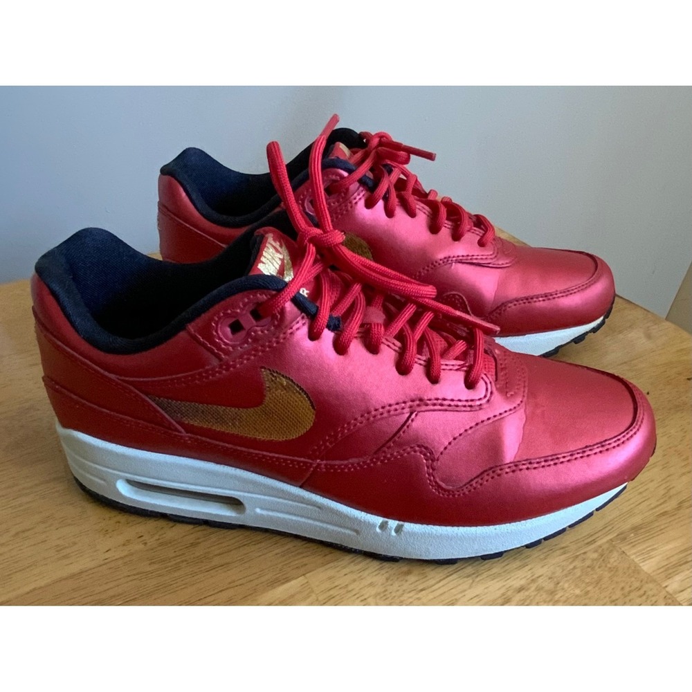 Nike Air Max 1 University Red Metallic Gold Sequin Women's‎ Sneakers Size 8 US